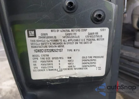 2002 Chevrolet Tahoe Ls z USA, uszkodzony, nr VIN 1GNEC13T22R202157